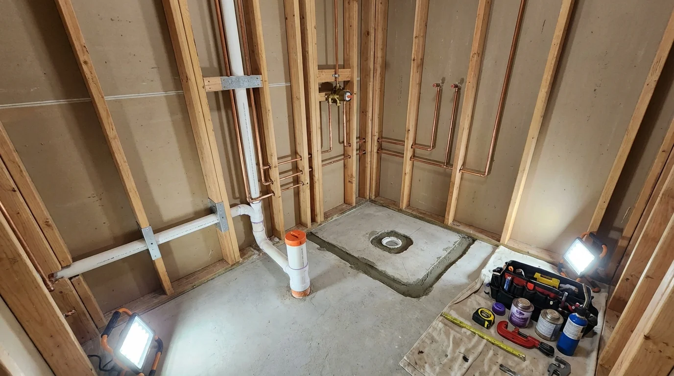 Bathroom rough-in plumbing during remodel by Johns Plumbing LLC in Windsor