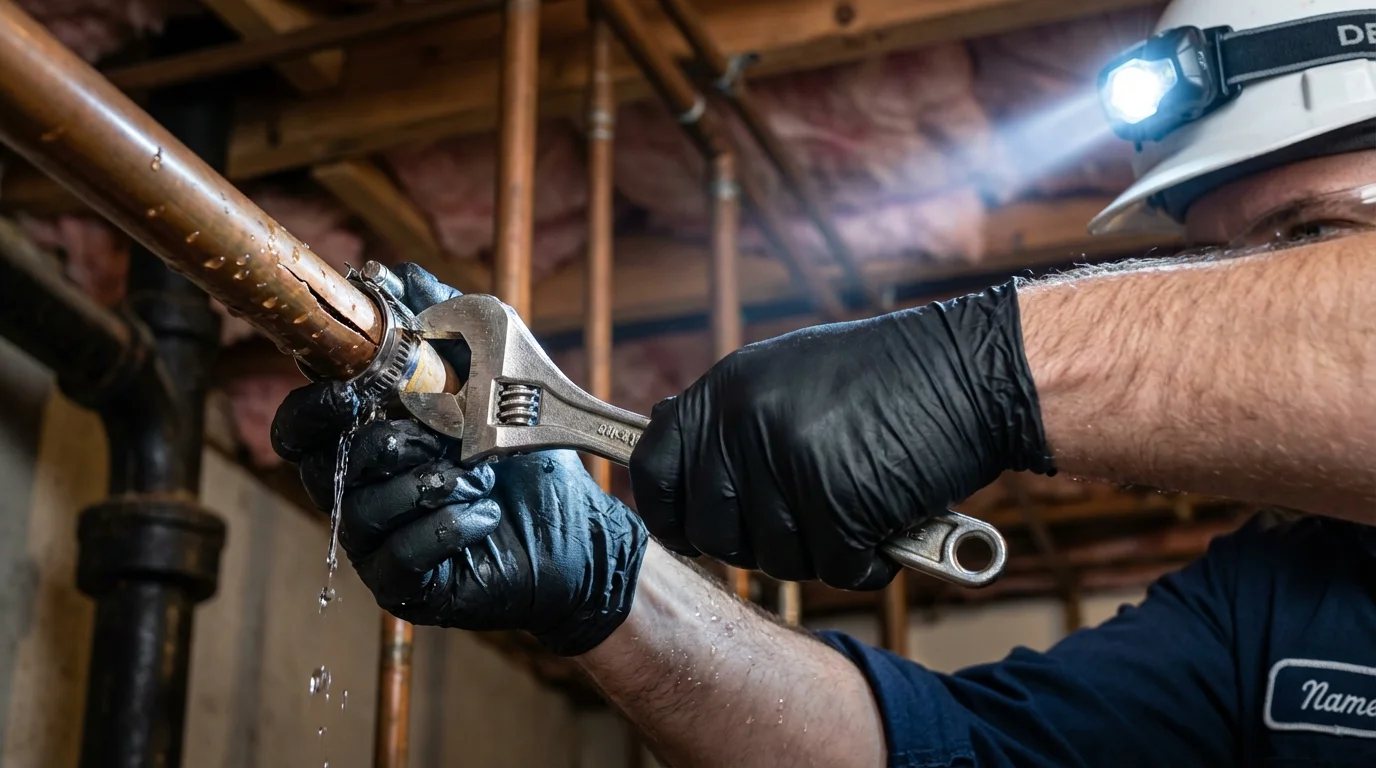 Emergency pipe clamp repair being performed by a Johns Plumbing LLC plumber in Windsor