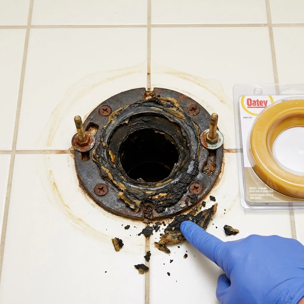 Failed wax ring showing water seepage at the base of a toilet in a Windsor, VT home