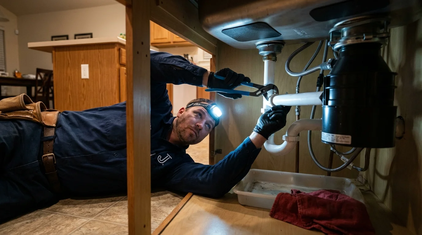 P-trap and supply line connections under a kitchen sink showing a common leak point in Windsor, VT